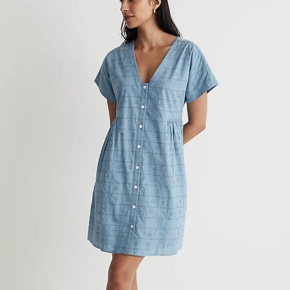Madewell Button Front V-Neck Eyelet Lace Mini Dress Blue Size S NWT - Picture 1 of 10
